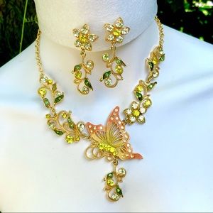 Butterfly Floral Vines Green Enamel Rhinestone fancy necklace earrings set NEW!